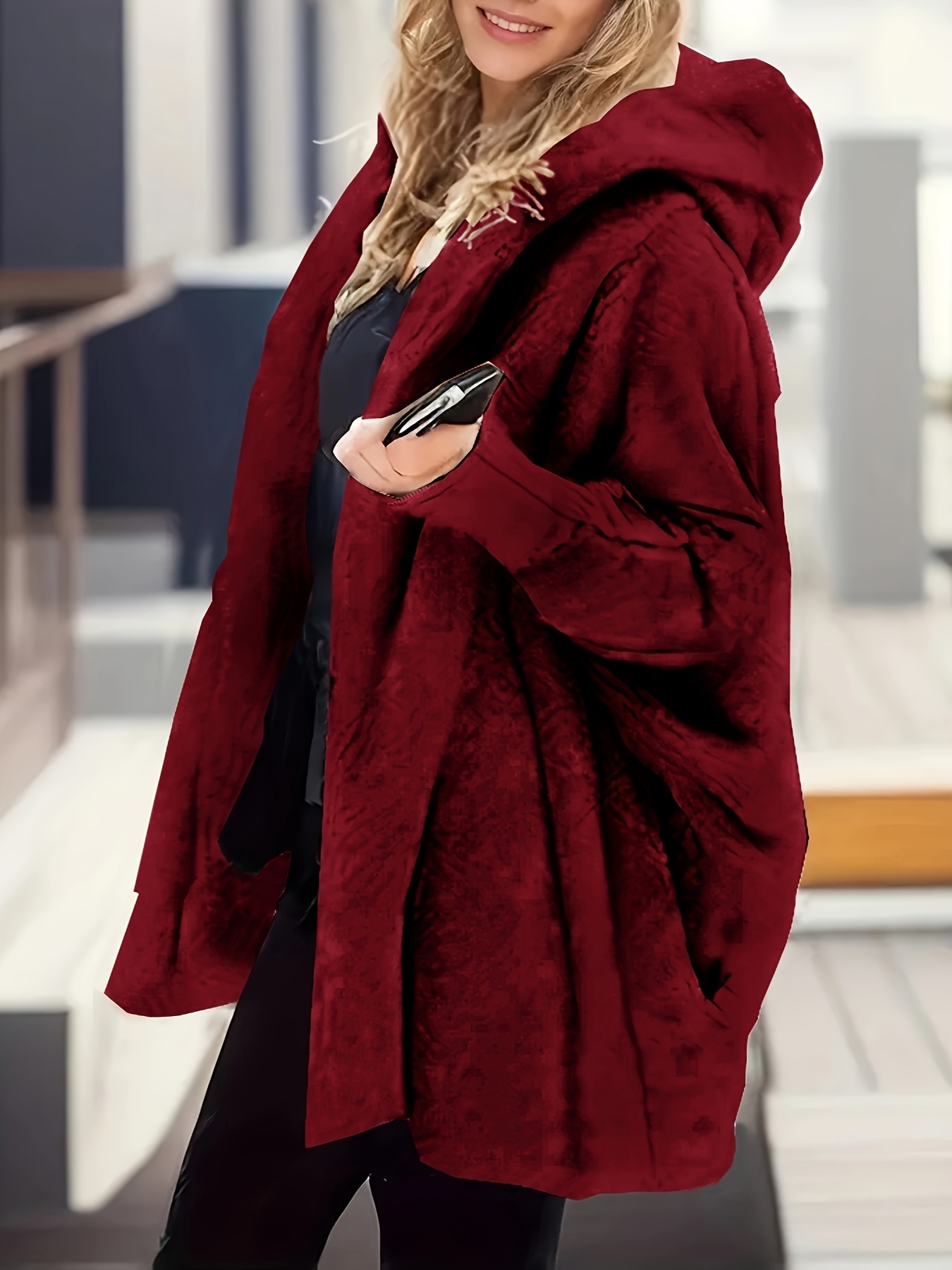 plus size casual coat womens plus solid teddy fleece hooded batwing sleeve loose fit coat details 4