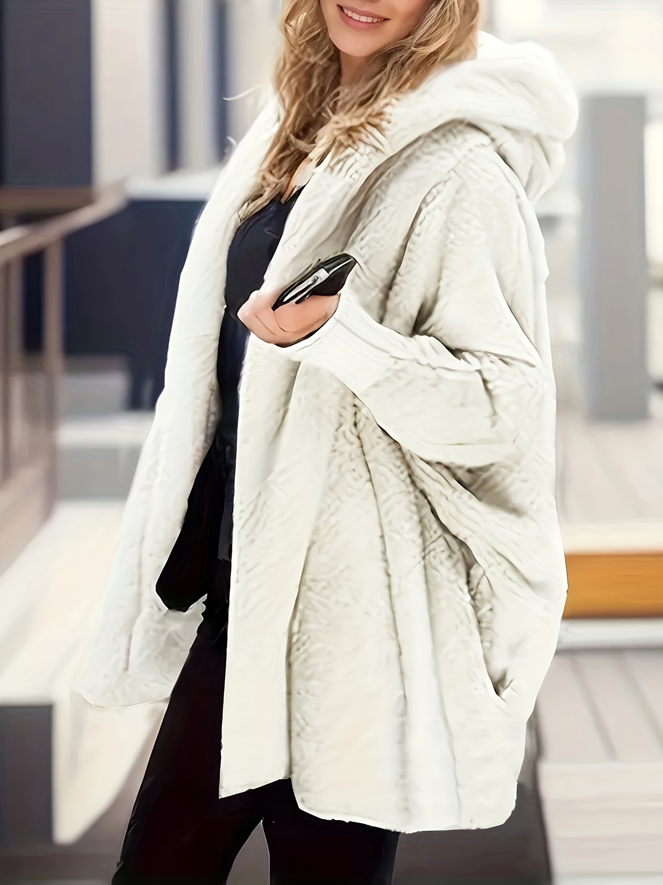 plus size casual coat womens plus solid teddy fleece hooded batwing sleeve loose fit coat details 9