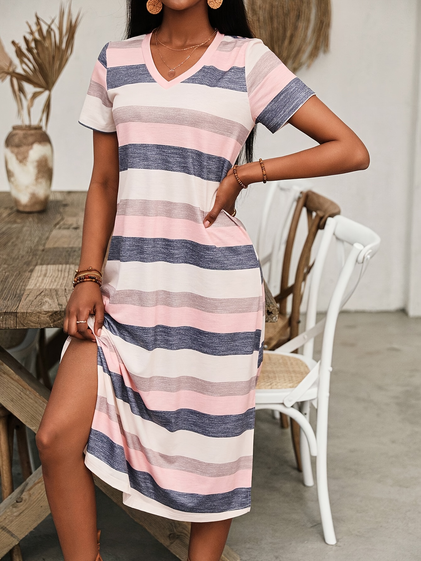 striped print split side dress casual short sleeve v neck color block dress womens clothing details 4