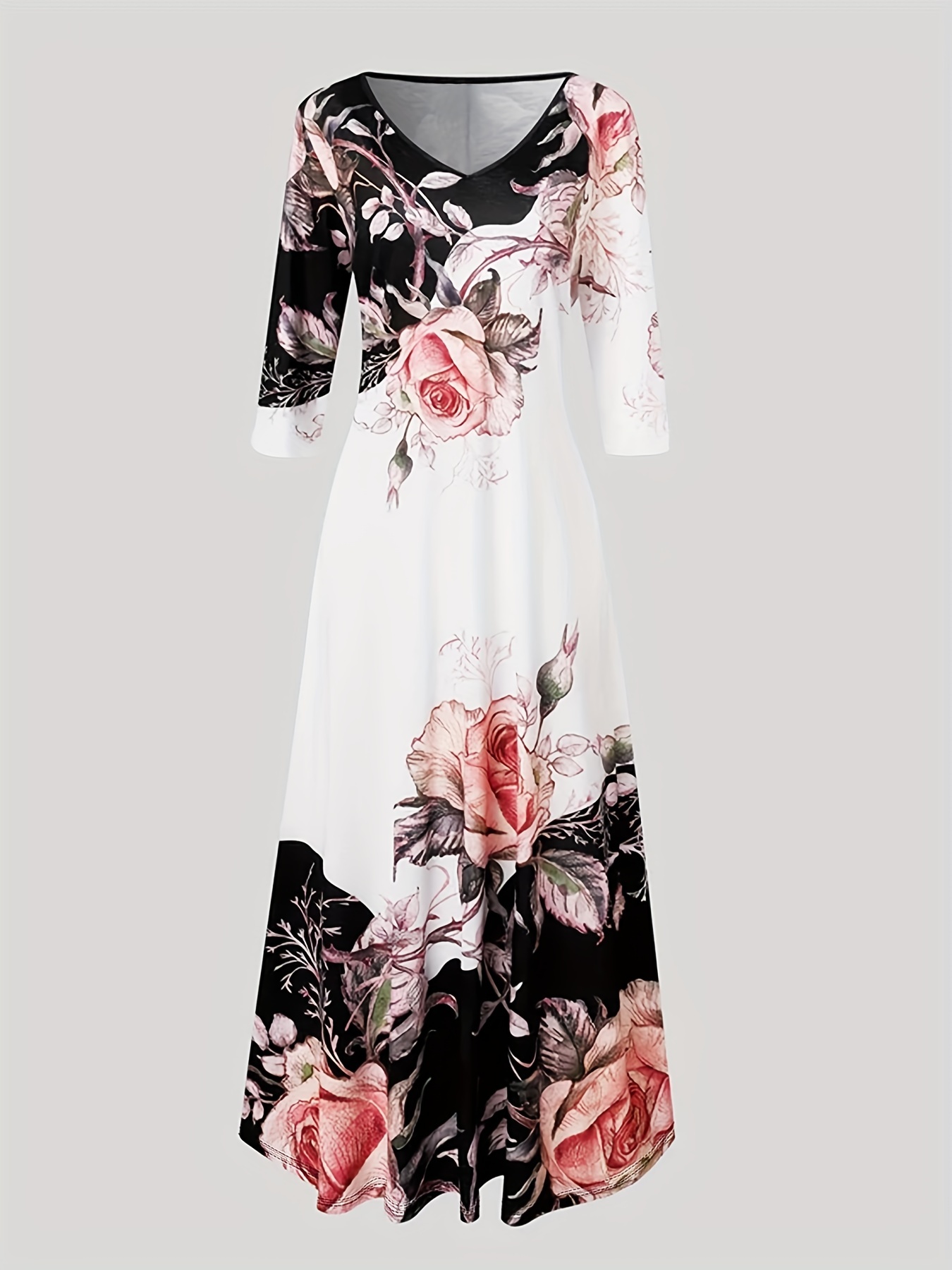 floral print 3 4 sleeve dress casual v neck maxi dress womens clothing details 0