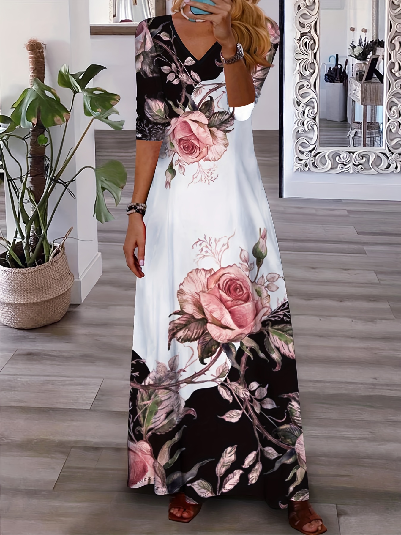 floral print 3 4 sleeve dress casual v neck maxi dress womens clothing details 1