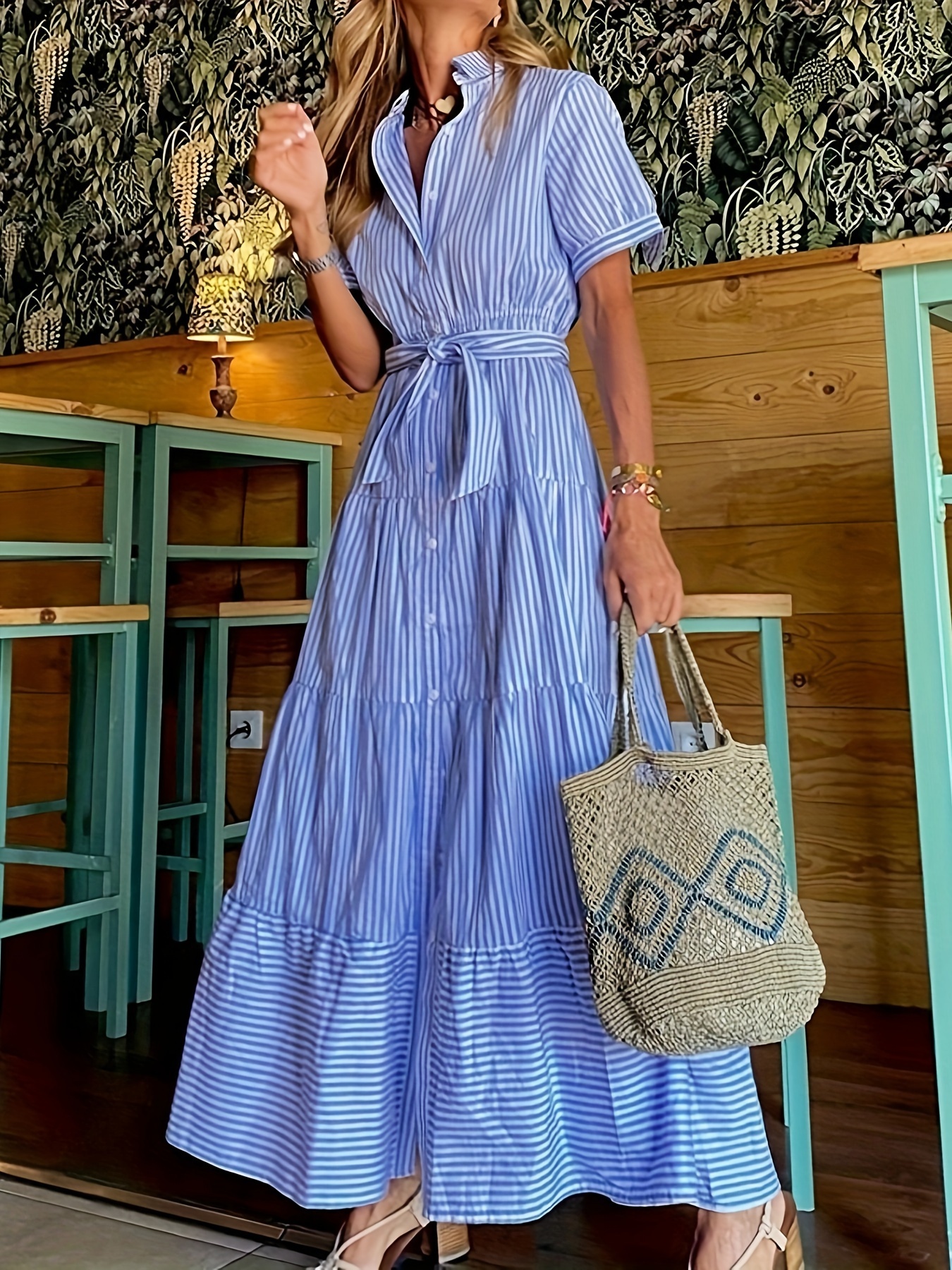 striped button front shirt dress vacation style short sleeve tie waist maxi dress for spring summer womens clothing details 0