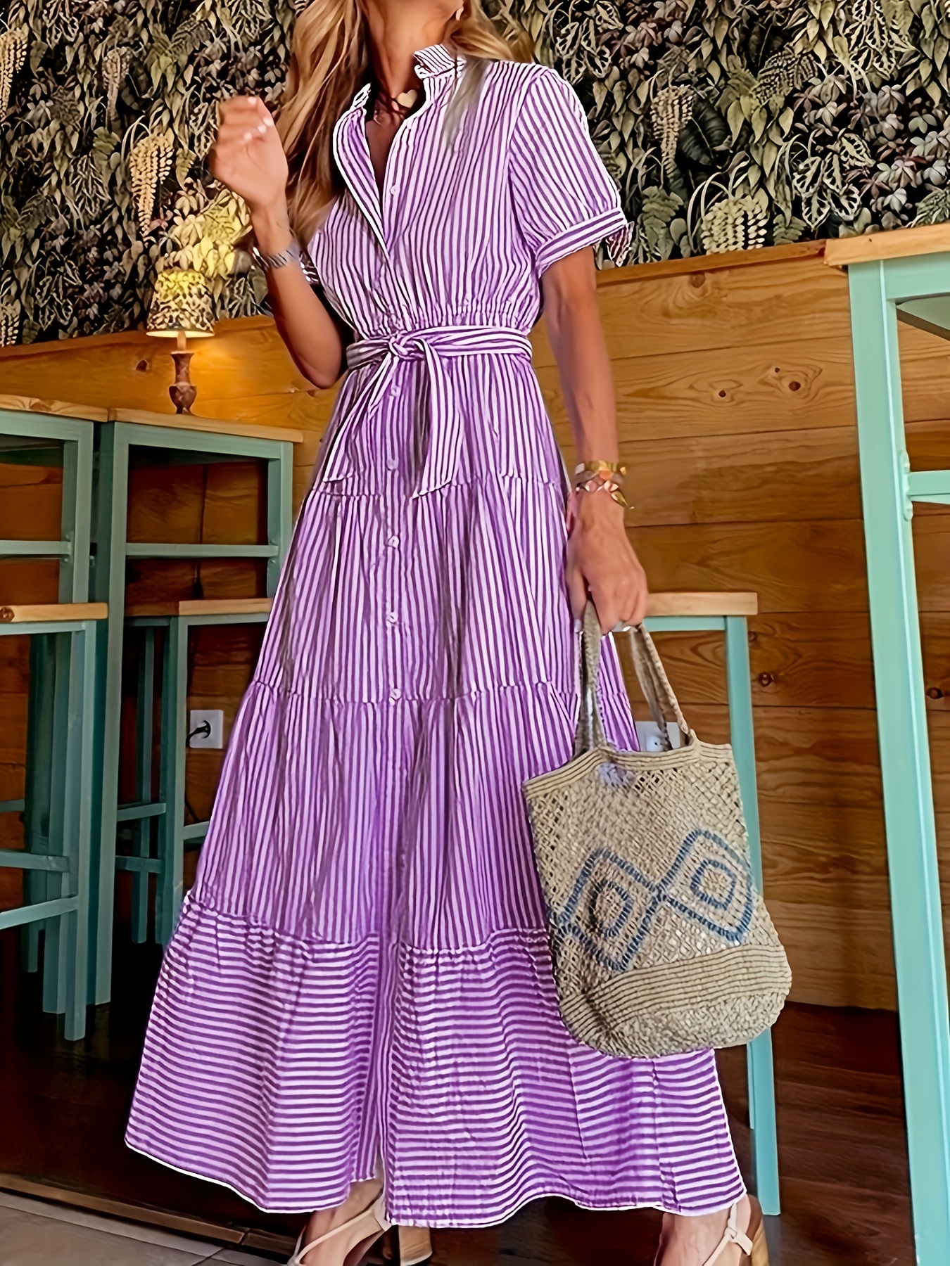 striped button front shirt dress vacation style short sleeve tie waist maxi dress for spring summer womens clothing details 5