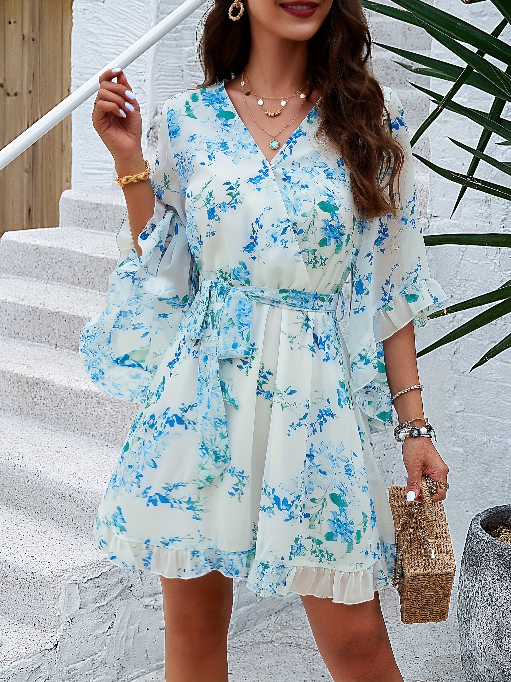 floral print v neck belted dress elegant flare sleeve ruffle hem swing dress womens clothing details 1