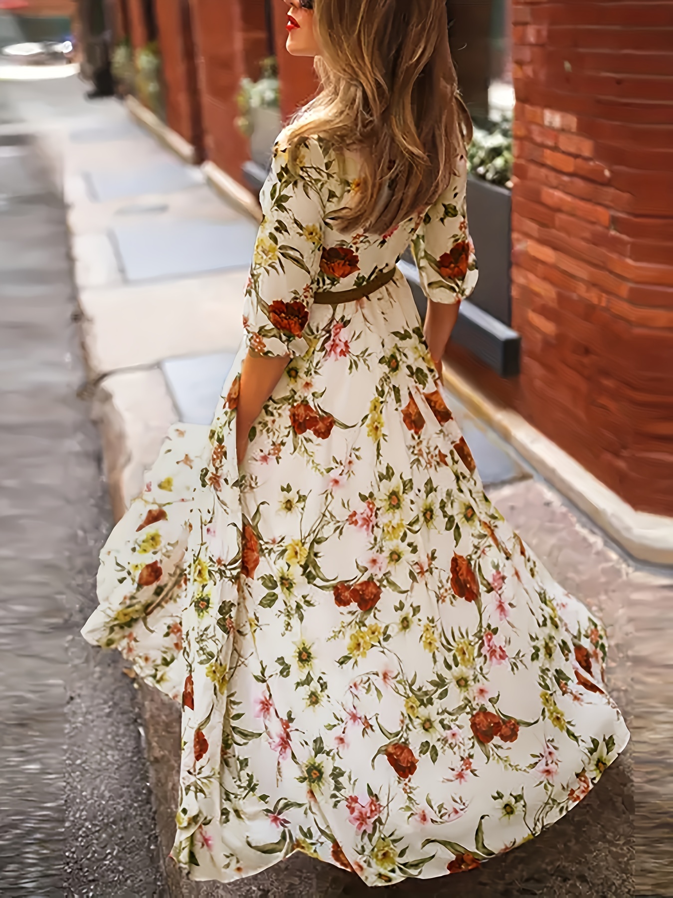 floral print a line dress elegant crew neck half sleeve dress for spring summer womens clothing details 0