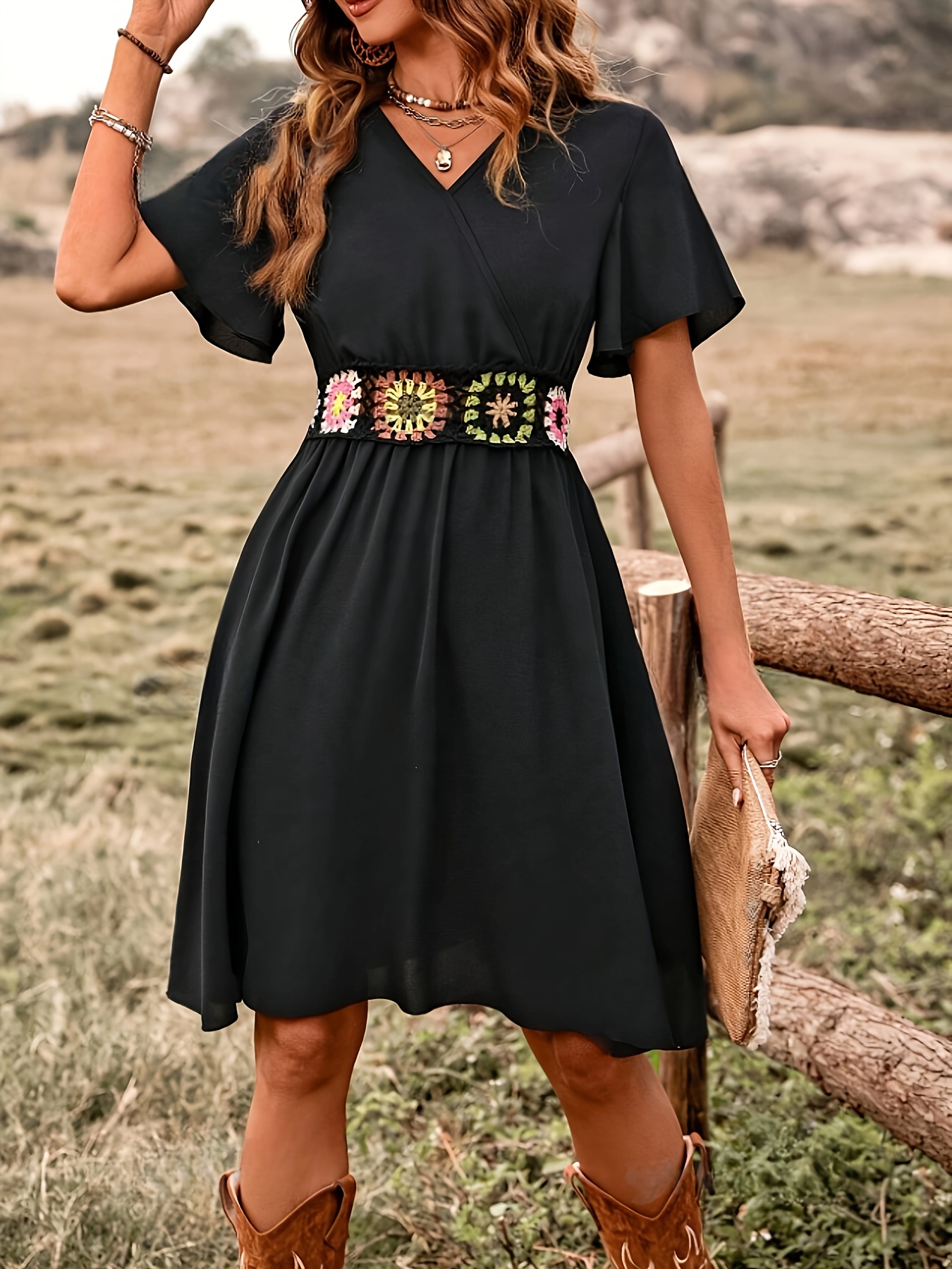 solid color v neck dress elegant ruffle sleeve a line dress for spring summer womens clothing details 1