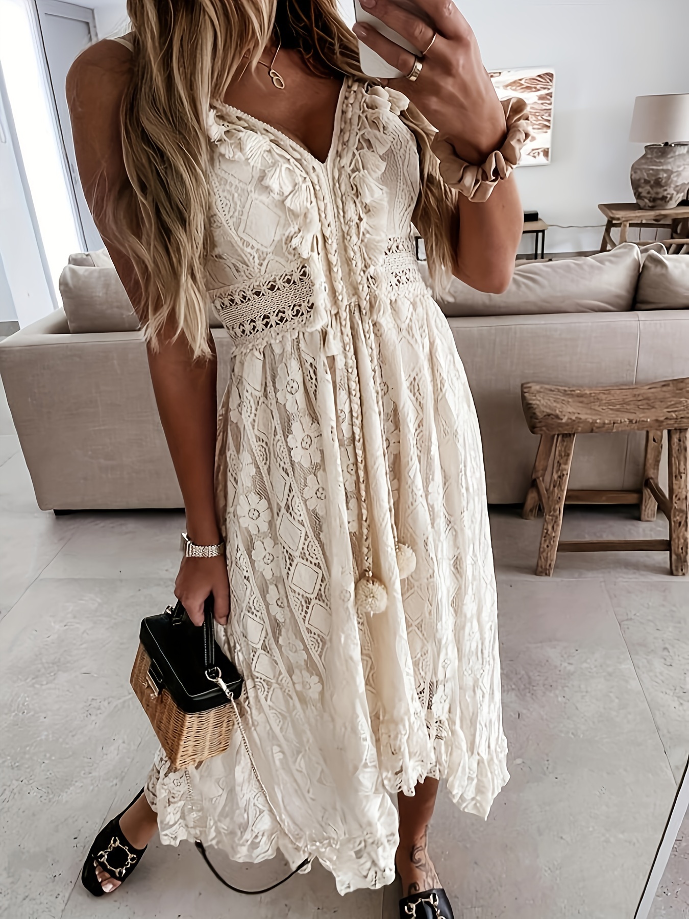 boho spaghetti strap sexy v neck lace hem maxi swing sundress vacation beachwear dresses womens clothing details 0