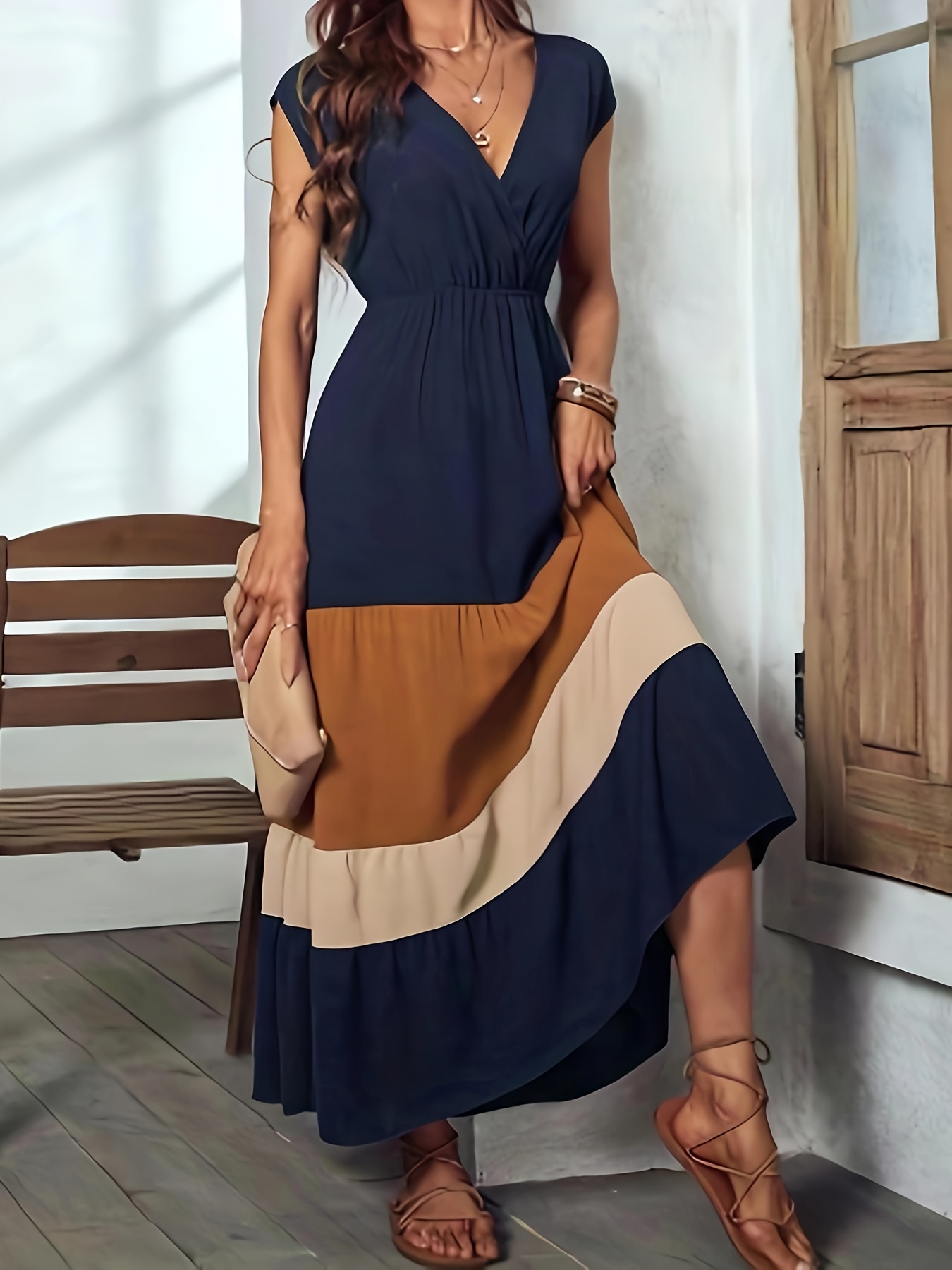 color block surplice neck dress elegant sleeveless maxi dress womens clothing for elegant dressing details 0