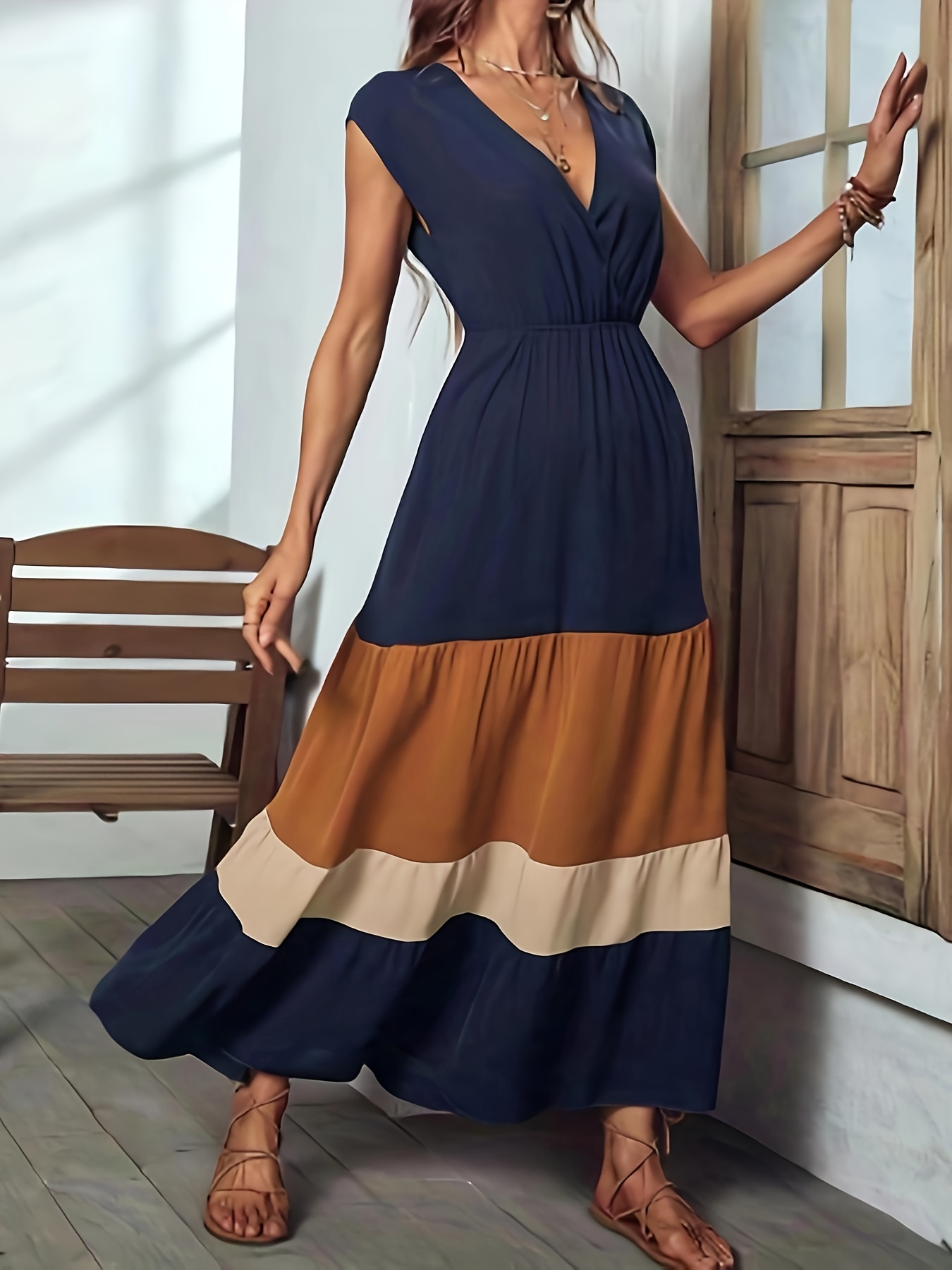 color block surplice neck dress elegant sleeveless maxi dress womens clothing for elegant dressing details 3