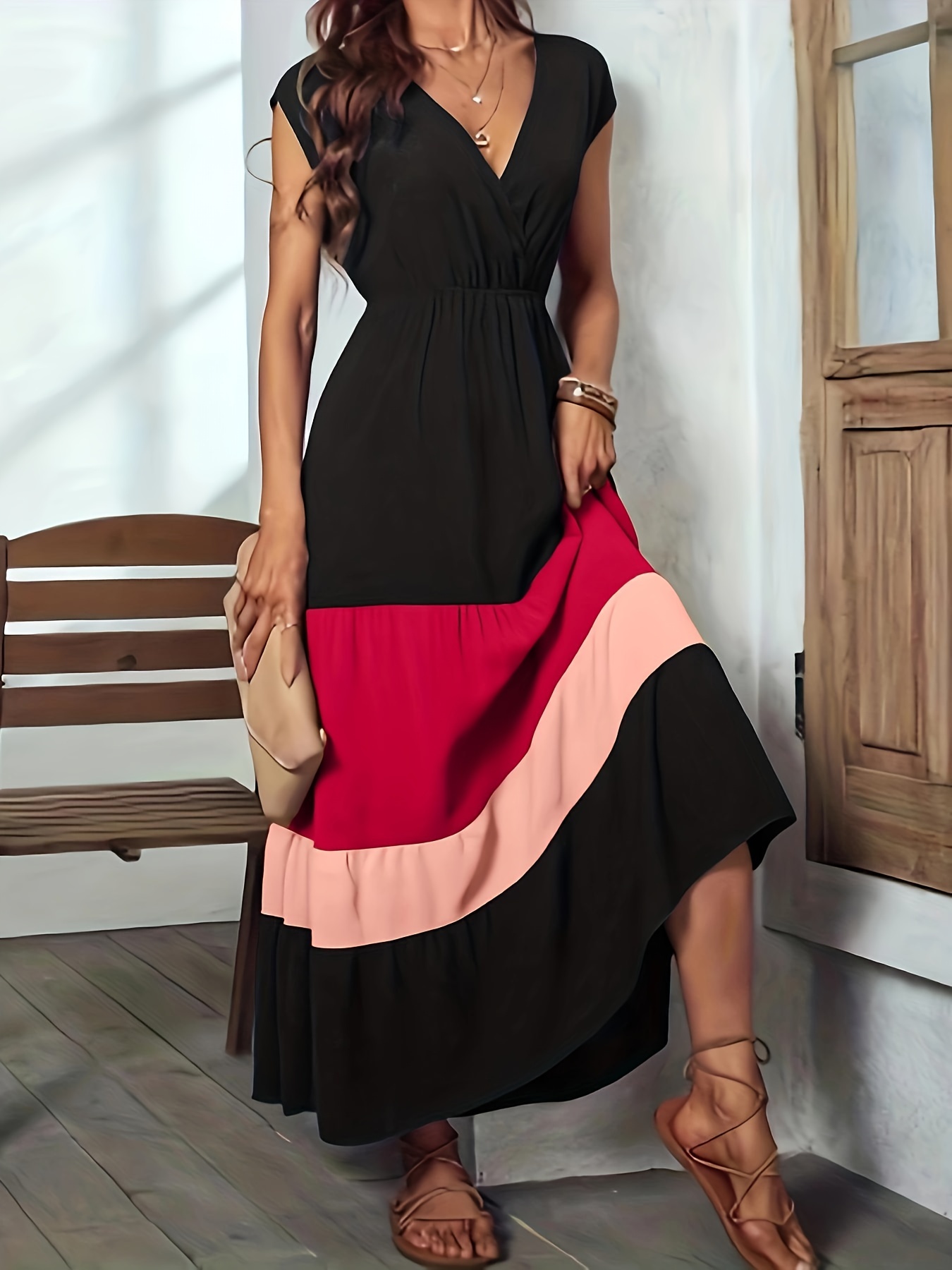 color block surplice neck dress elegant sleeveless maxi dress womens clothing for elegant dressing details 6