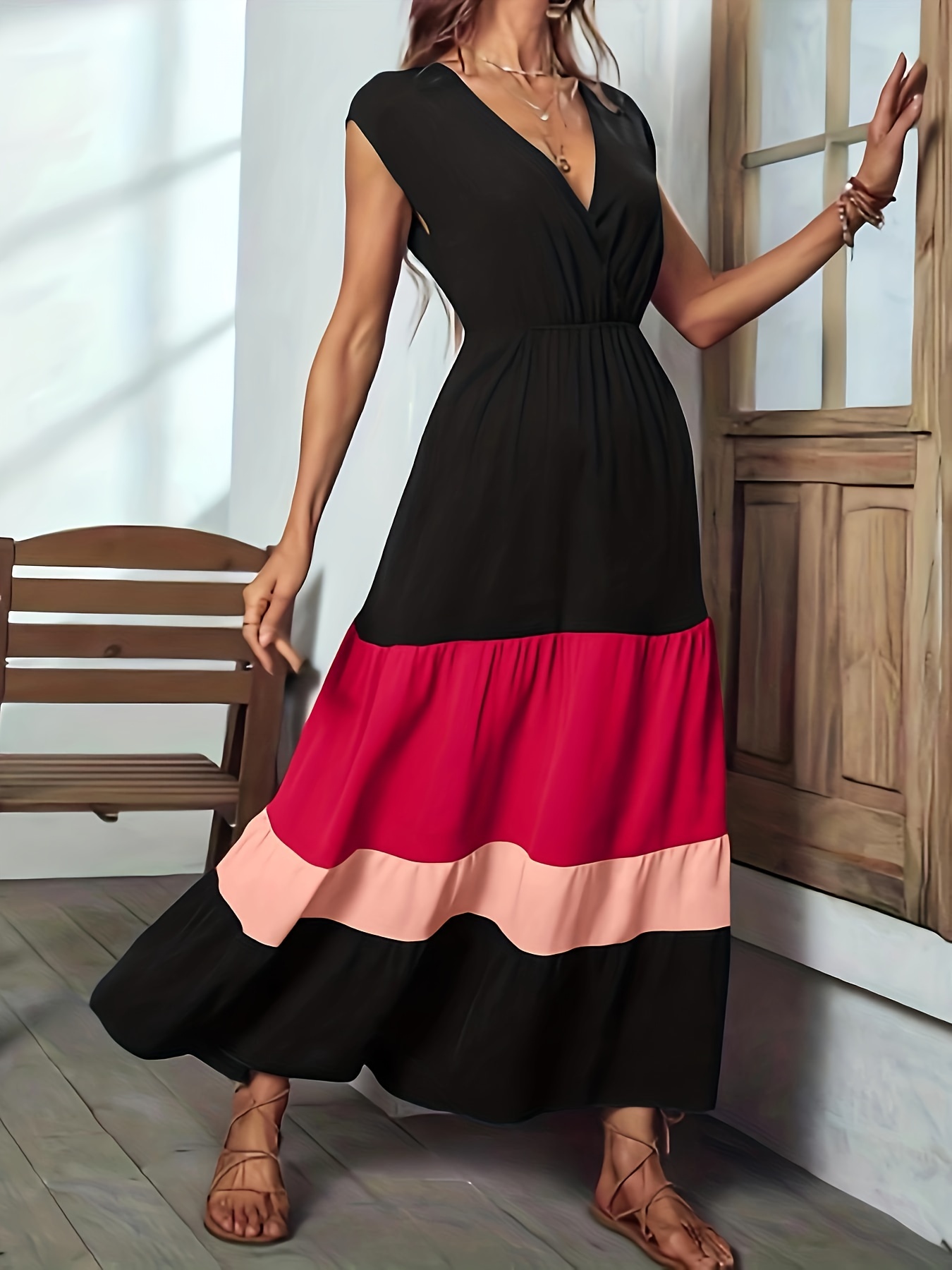 color block surplice neck dress elegant sleeveless maxi dress womens clothing for elegant dressing details 7