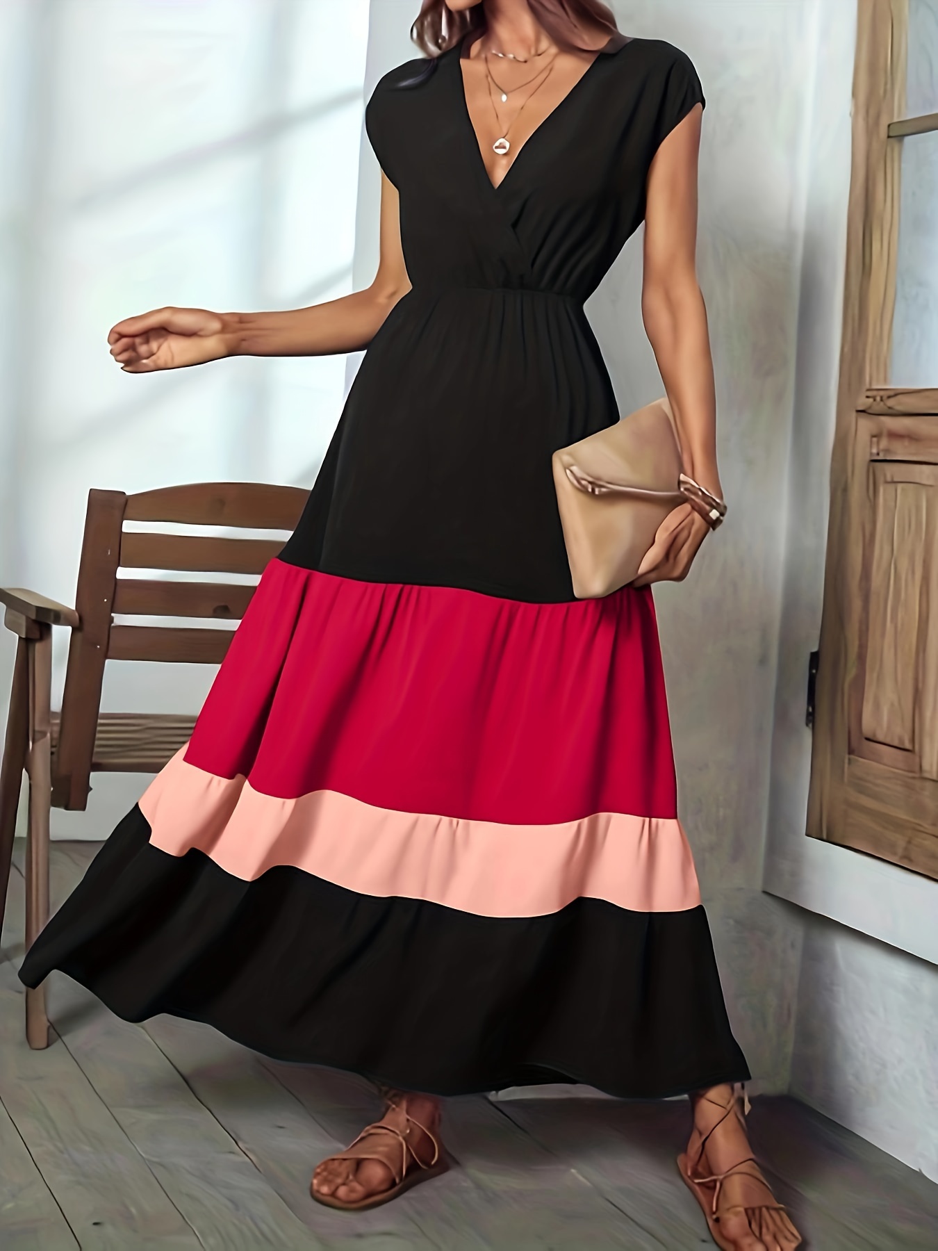 color block surplice neck dress elegant sleeveless maxi dress womens clothing for elegant dressing details 8