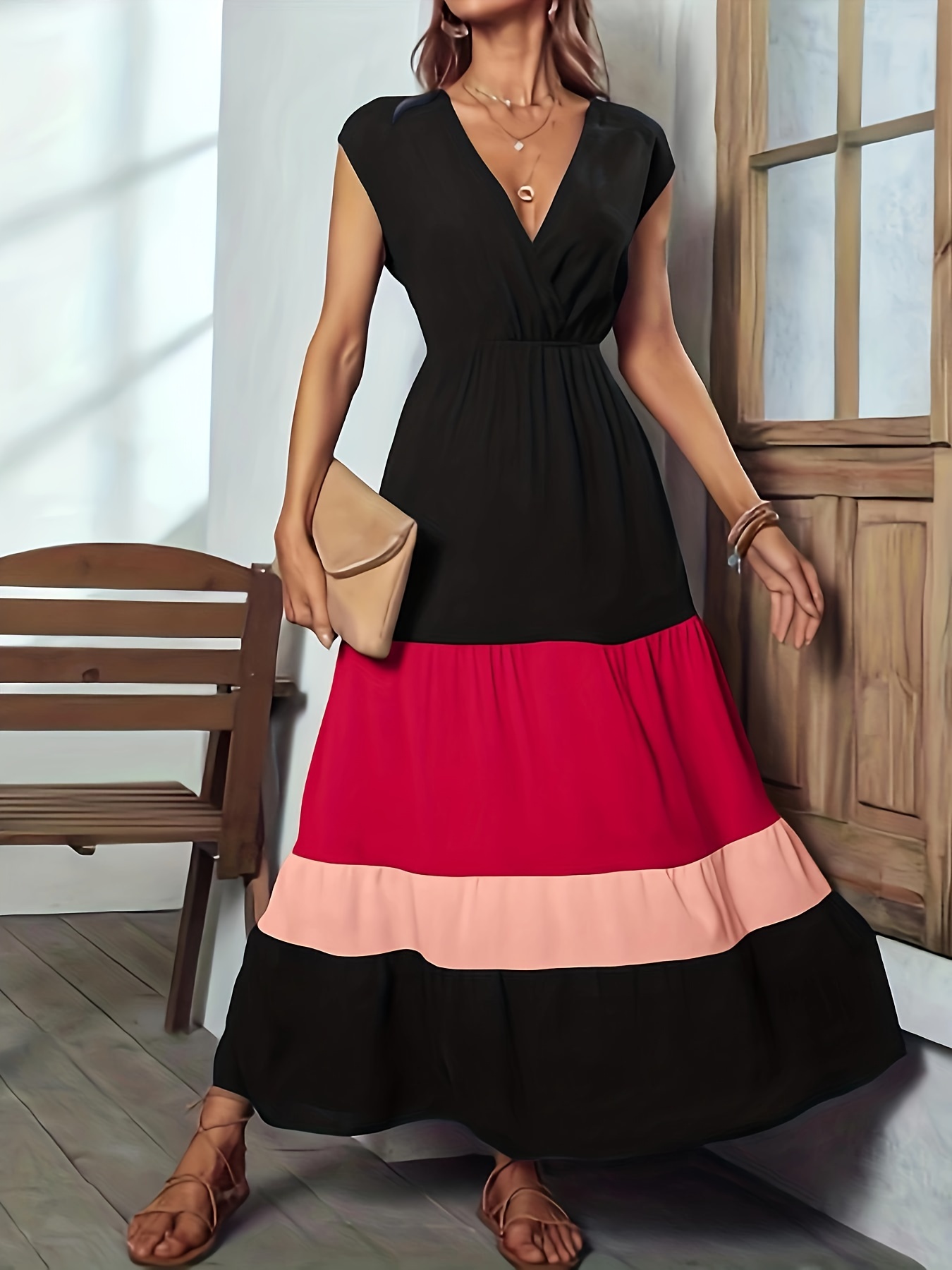 color block surplice neck dress elegant sleeveless maxi dress womens clothing for elegant dressing details 9