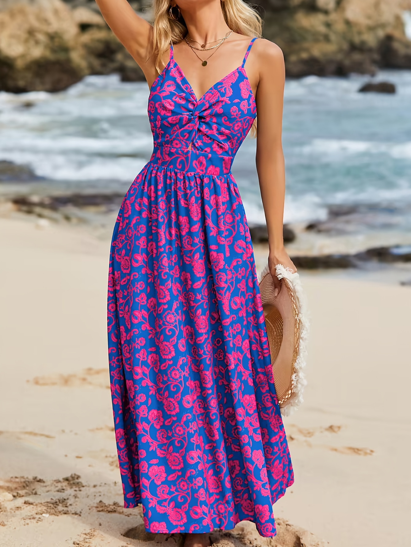 floral print twist front cami dress vacation tie backless sleeveless v neck dress womens clothing details 2