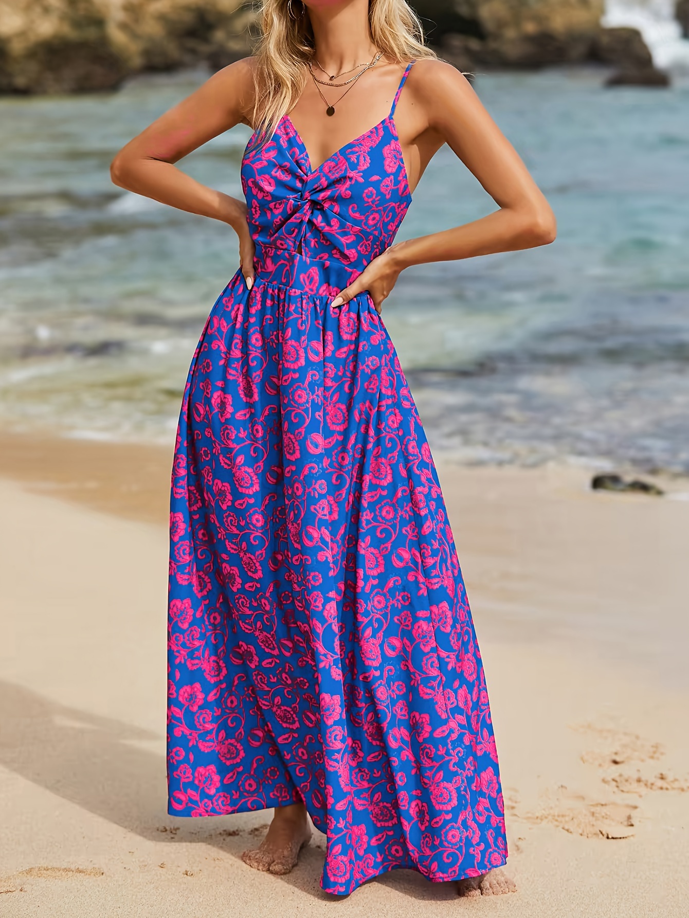 floral print twist front cami dress vacation tie backless sleeveless v neck dress womens clothing details 4