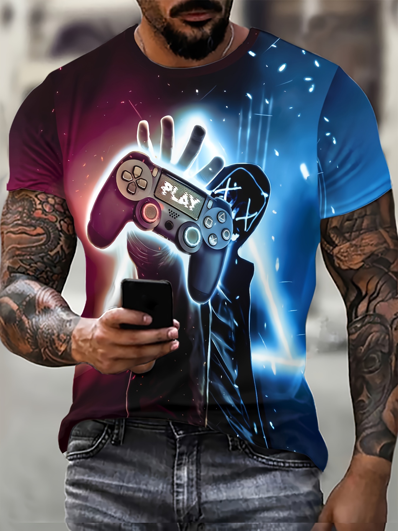 game controller print plus size mens short sleeve t shirt fashionable comfortable tee for outdoor sports and leisure details 0