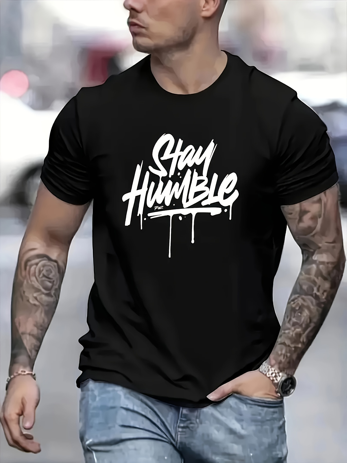 plus size mens stay humble graphic print t shirt for summer casual trendy short sleeve tees for males details 0