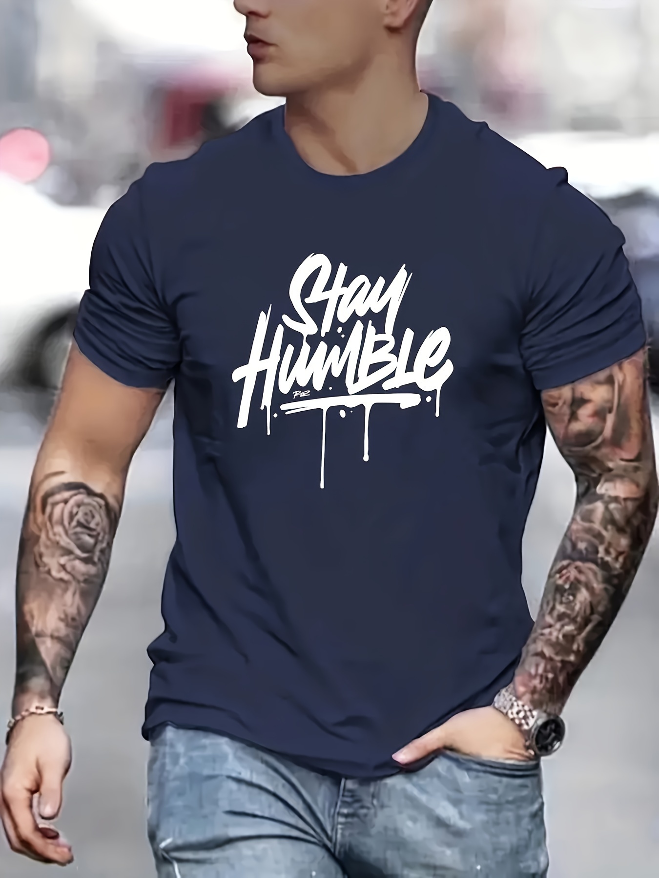 plus size mens stay humble graphic print t shirt for summer casual trendy short sleeve tees for males details 2