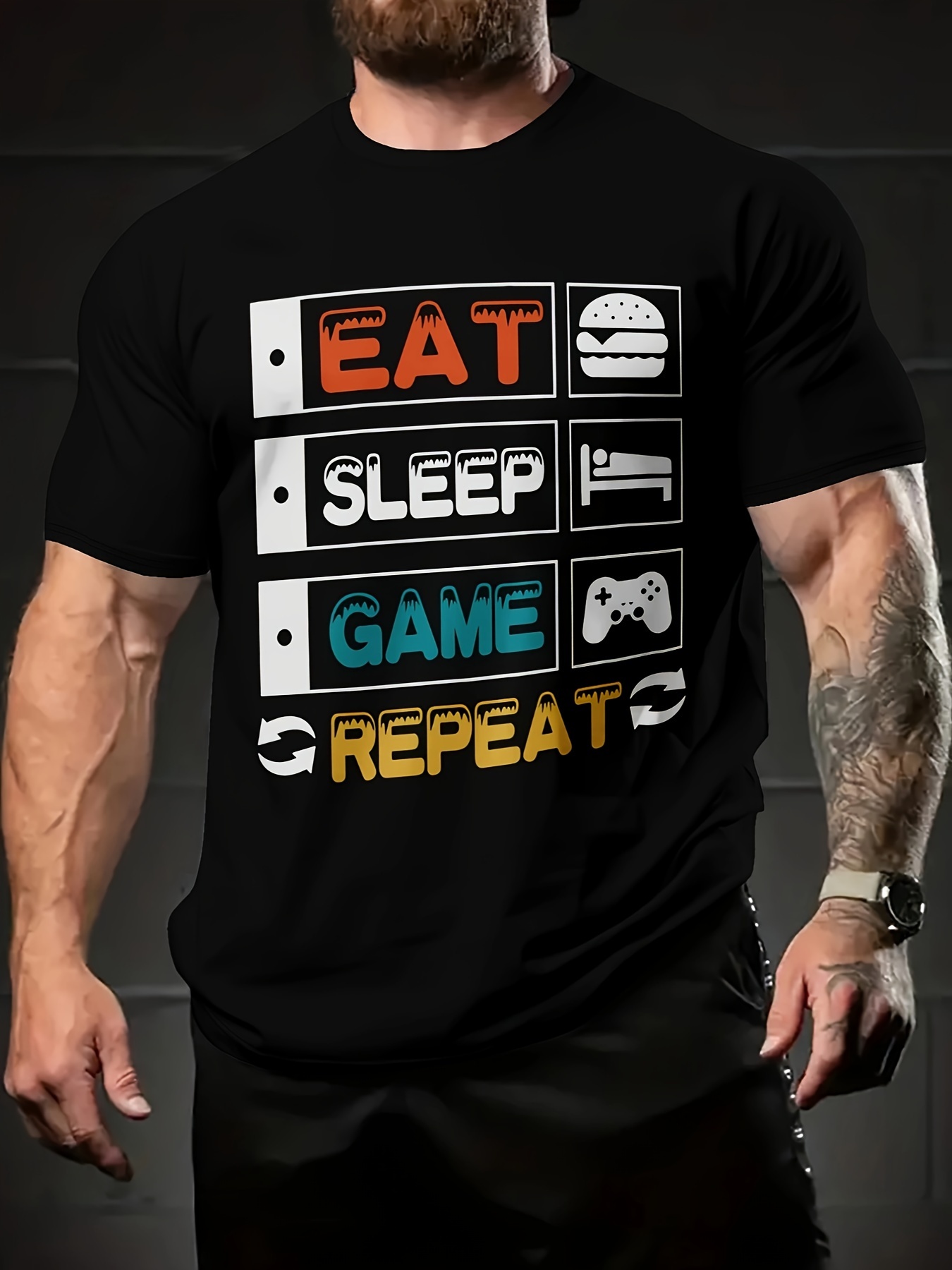 plus size mens eat sleep game repeat letter print t shirt for summer mens clothing details 0