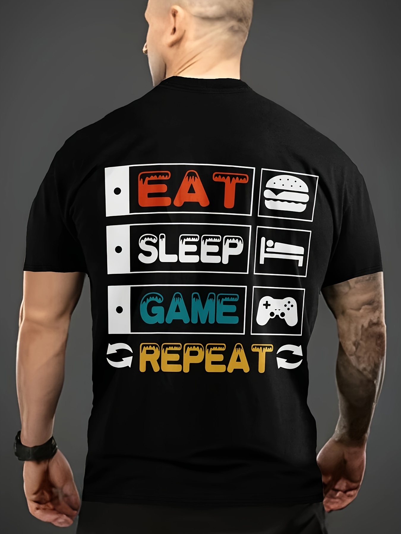 plus size mens eat sleep game repeat letter print t shirt for summer mens clothing details 1